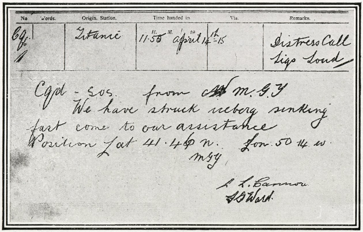 SOS Message Received by the Russian Steamer, Birma, About Five Minutes After Titanic Struck an Iceberg on 15th April 1912, from 