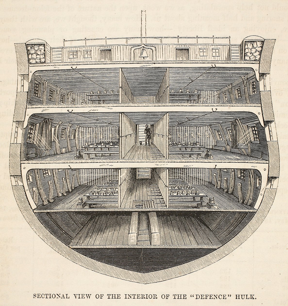 Sectional view of the interior of the Defence hulk, illustration from The Criminal Prisons of London and Scenes from Prison Life by Henry Mayhew and John Binny, pub. 1862 by English School