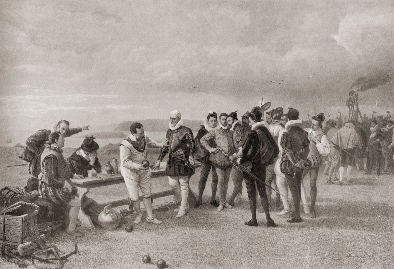 Sir Francis Drake playing bowls, with the Spanish Armada in sight at Plymouth Hoe, England in 1588 by English School