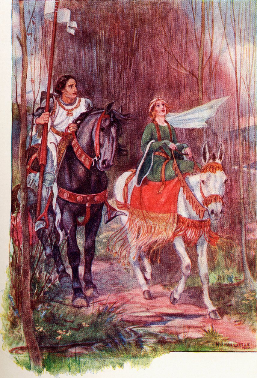 Sir Lancelot and Queen Guinevere. Coloured Illustration from the Book 