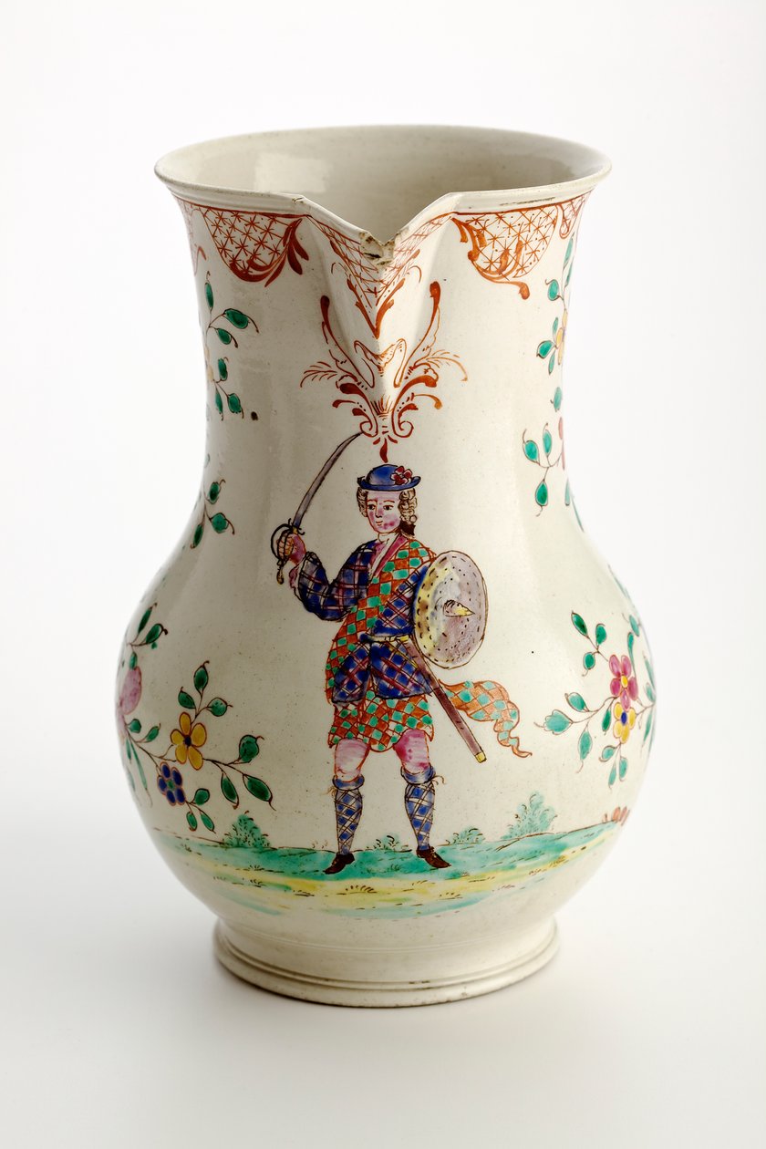 Staffordshire jug decorated with figure in Highland costume, 1755 by English School