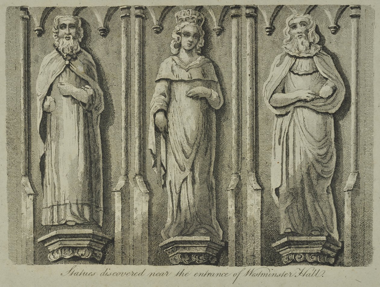 Statues discovered near the entrance of Westminster Hall, 1807 by English School