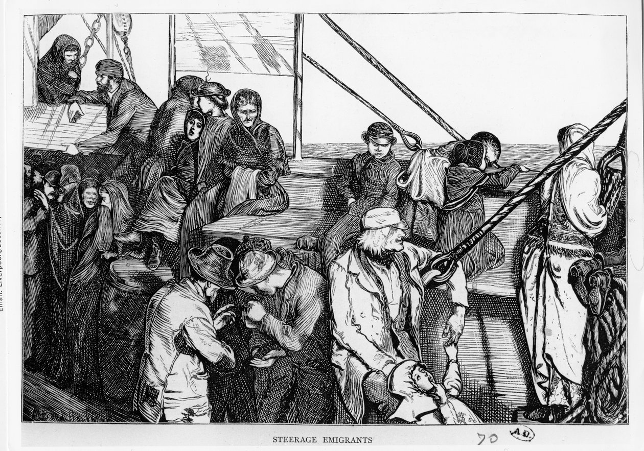 Steerage Emigrants on the deck of a passenger ship from Europe to the New World, c.1870 by English School