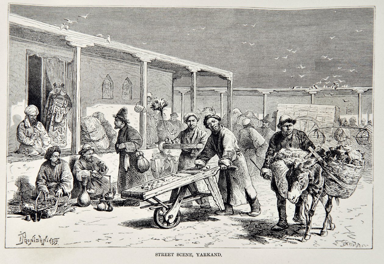 Street Scene, Yarkand, illustration from The Universal Geography, the Earth and its inhabitants by Elisee Reclus, published 1878 by English School