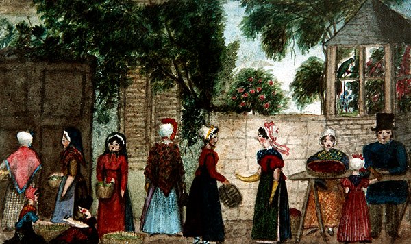 Street market scene by English School