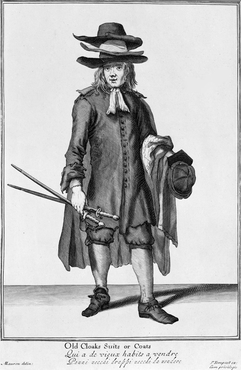 Street Vendor Selling Old Cloaks, Suits and Coats, 1666 by English School