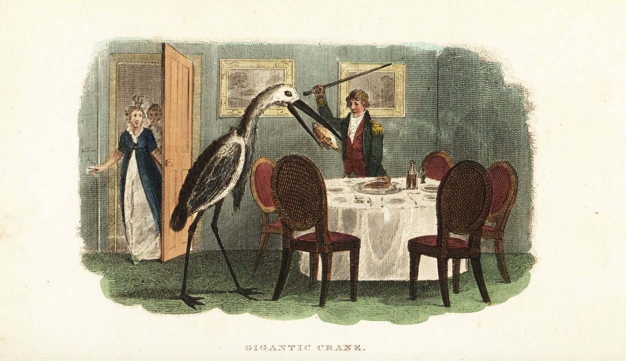 Tame giant crane stealing a whole boiled fowl from the dining table by English School
