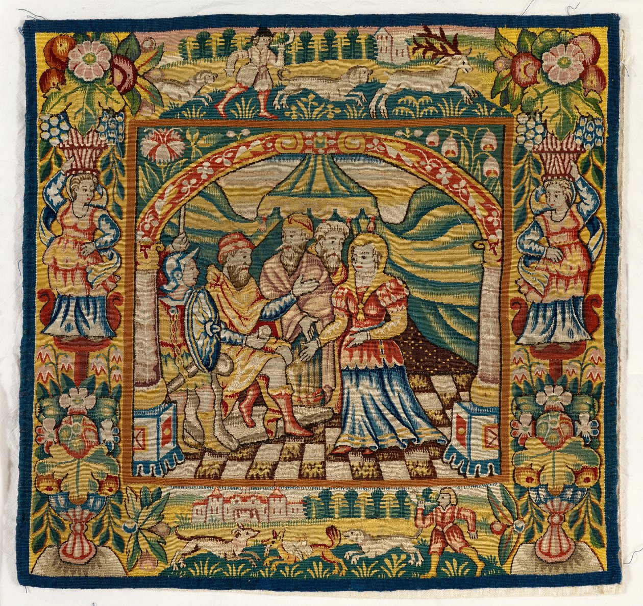 Tapestry cushion cover depicting Susannah before Judge by English School