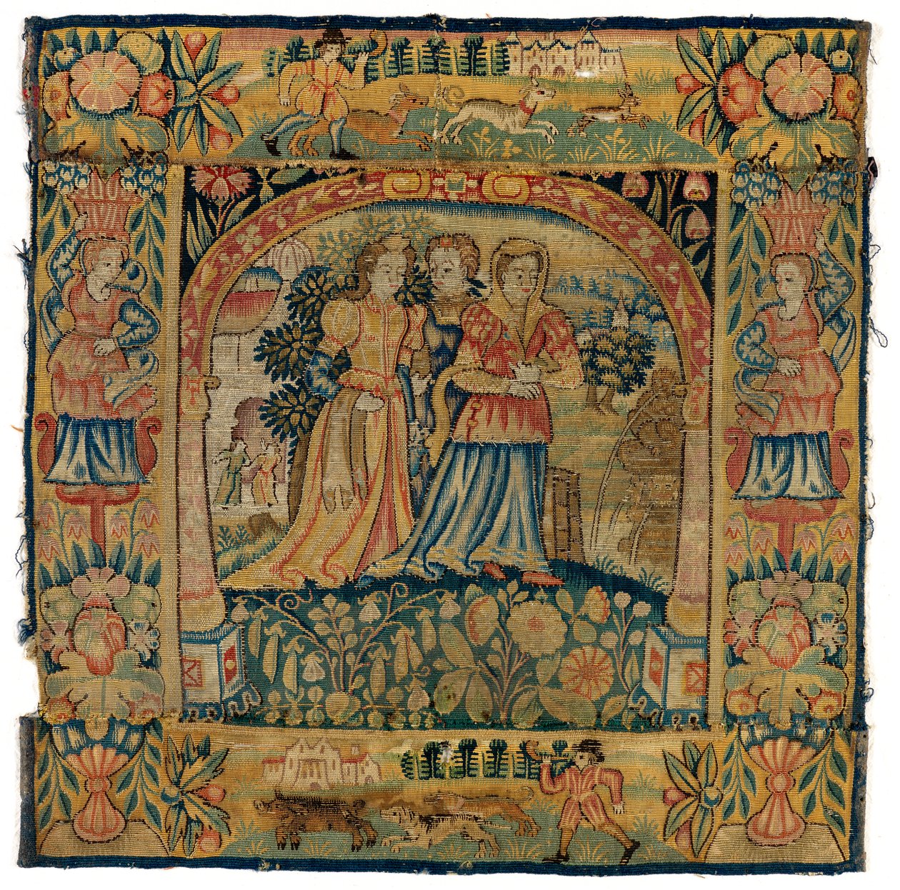 Tapestry cushion cover depicting Susannah on her way to the bath by English School