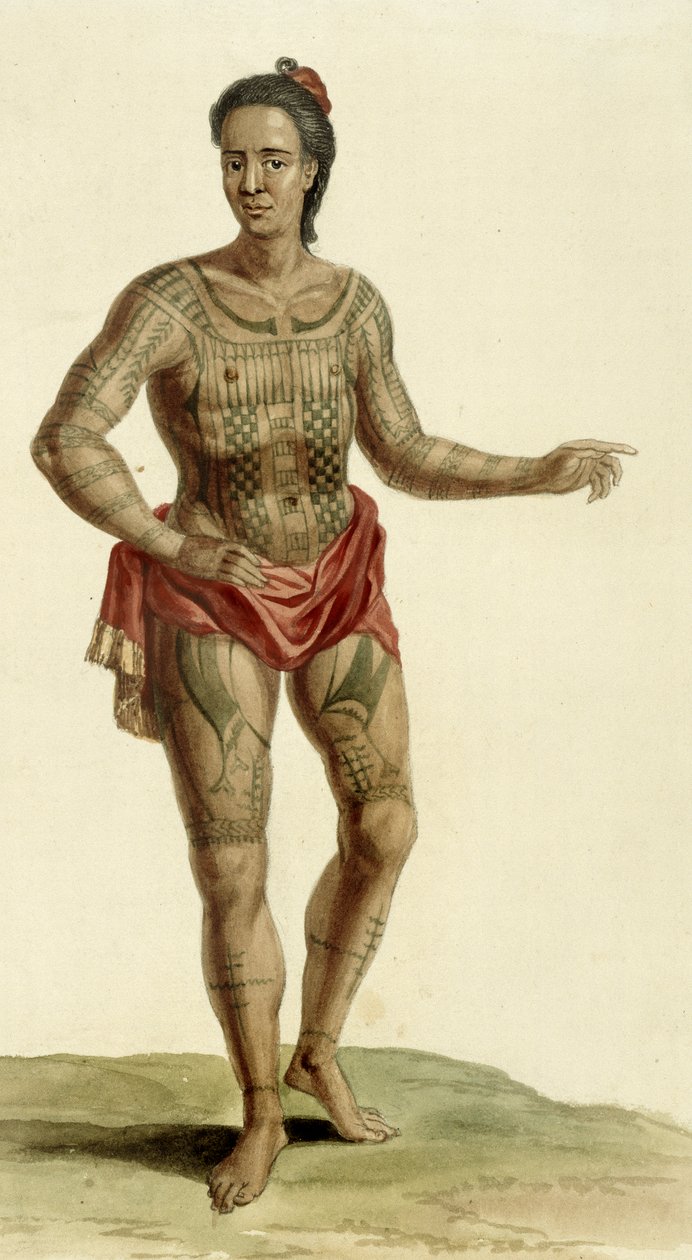 Tattooed Hawaiian warrior, 1824 by English School