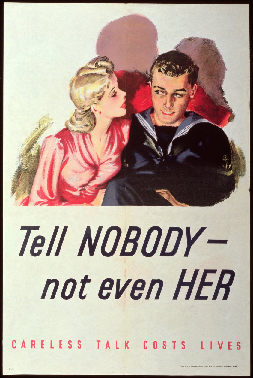 Tell Nobody - Not Even Her. Careless Talk Costs Lives, Second World War Poster by English School