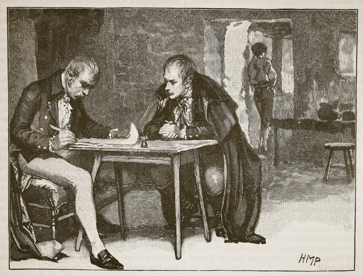 The Agents of Britain and Sweden signing the treaty against Napoleon, illustration from Cassell