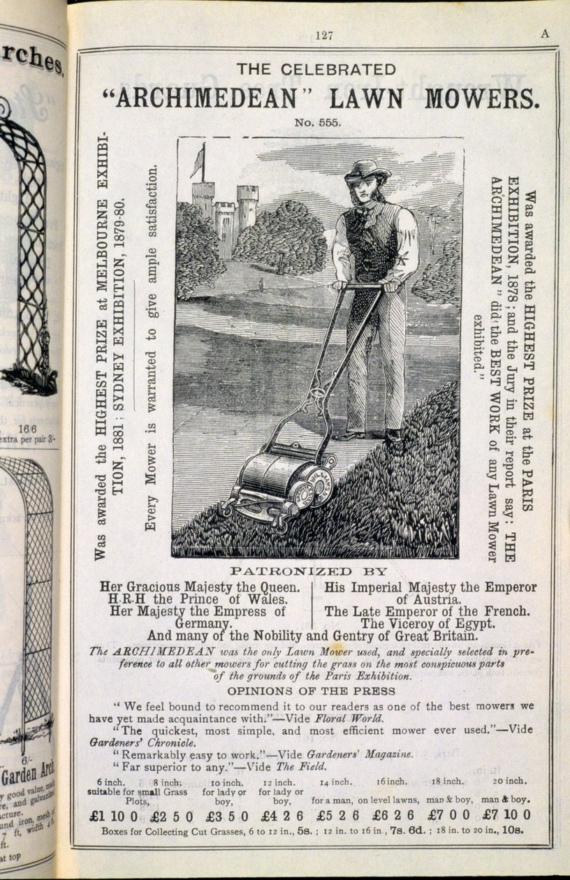 The Celebrated Archimedean Lawn Mowers, from the New Illustrated Catalogue of Garden Implements, Garden Furniture and Requisites, published by Wrinch & Sons, 1893 by English School