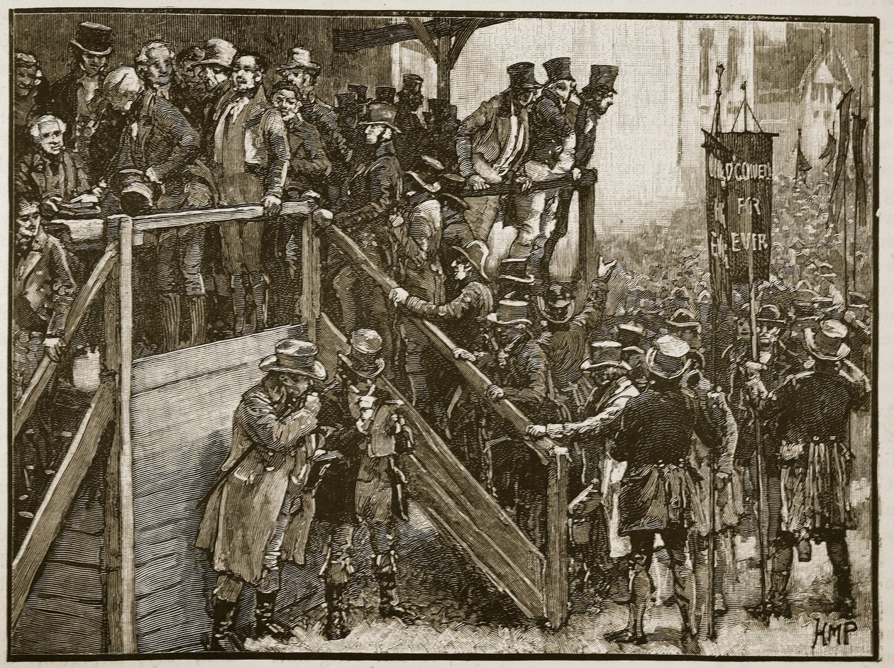 The Clare Contest: Father Murphy leading his tenants to the poll, illustration from Cassell