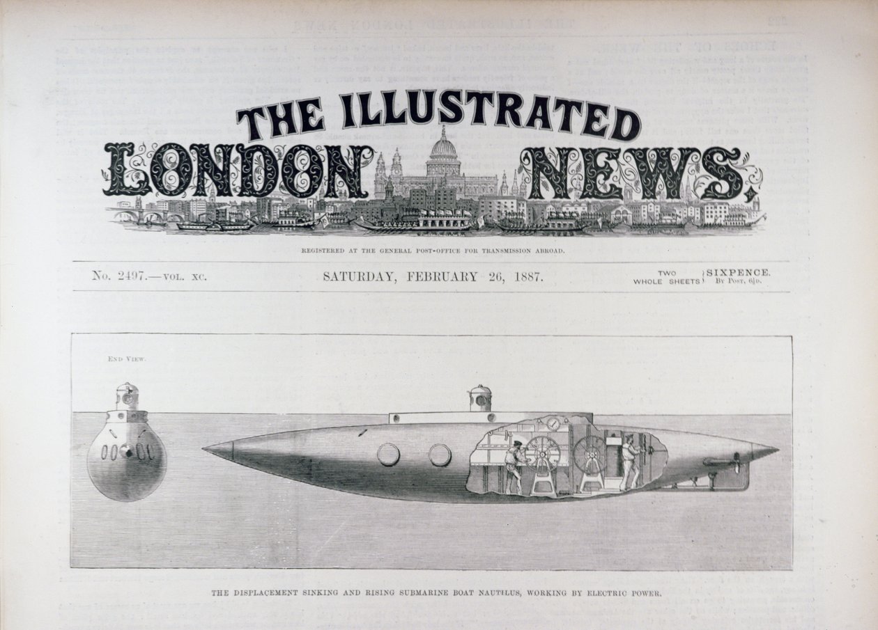 The Displacement Sinking and Rising Submarine Boat Nautilus, Working by Electric Power, from The Illustrated London News, 26th February 1887 by English School
