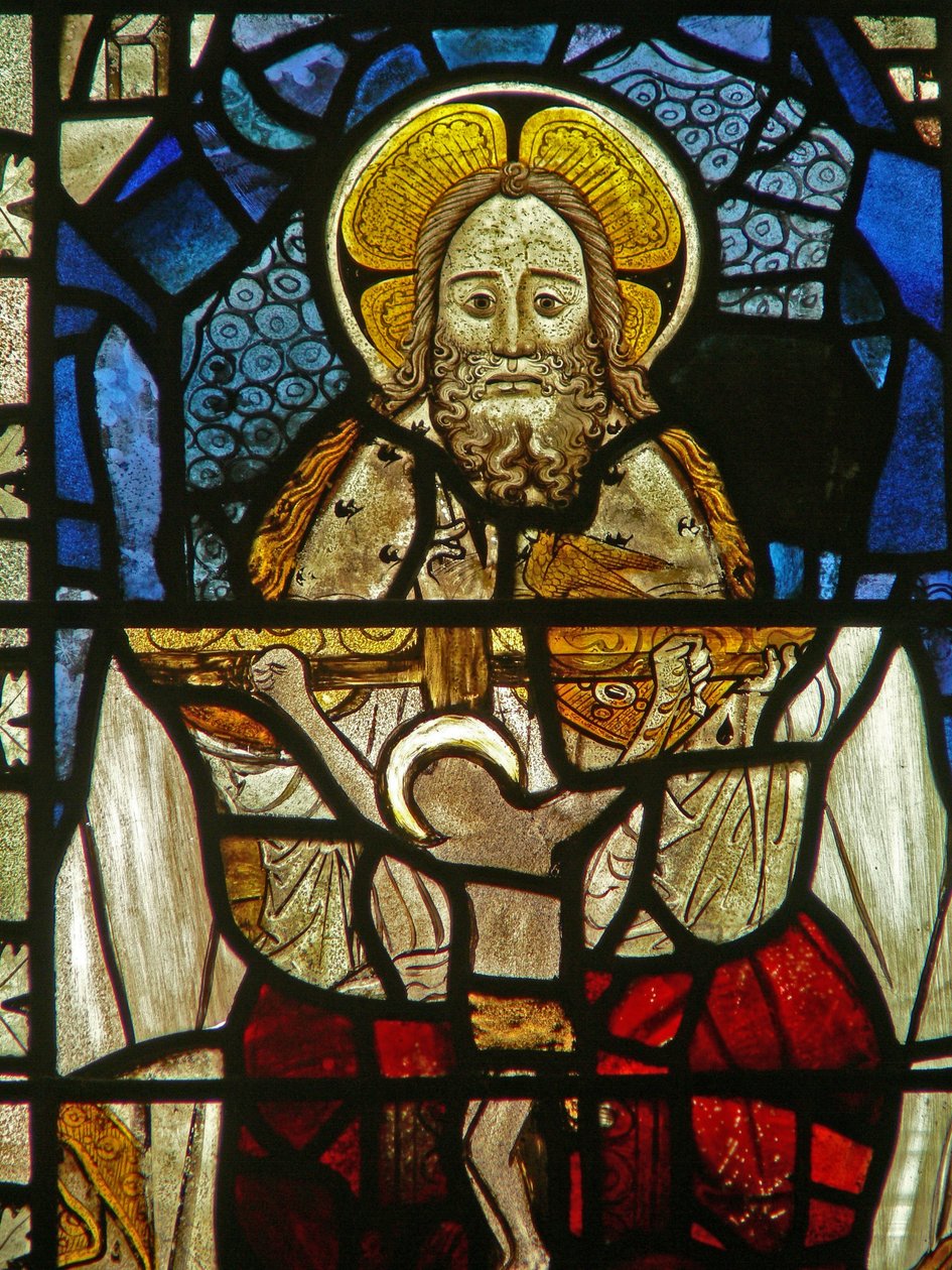 The East window depicting a composite panel of the Trinity by English School