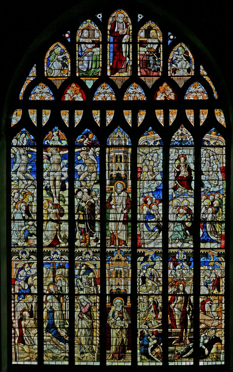 The East window depicting the Crucifixion, the Deposition, the Resurrection and the Ascension by English School