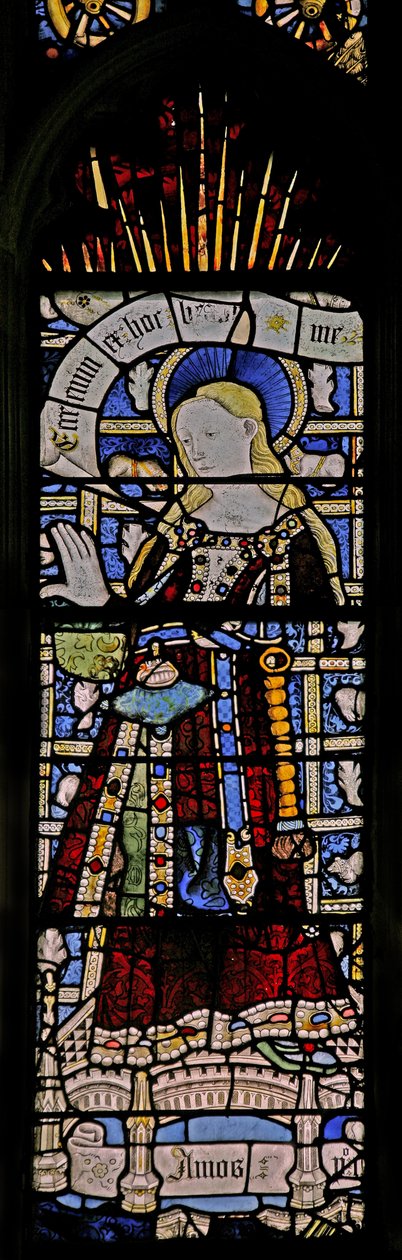 Window depicting the Virgin Mary (composite figure) - with jewels of inset glass by English School