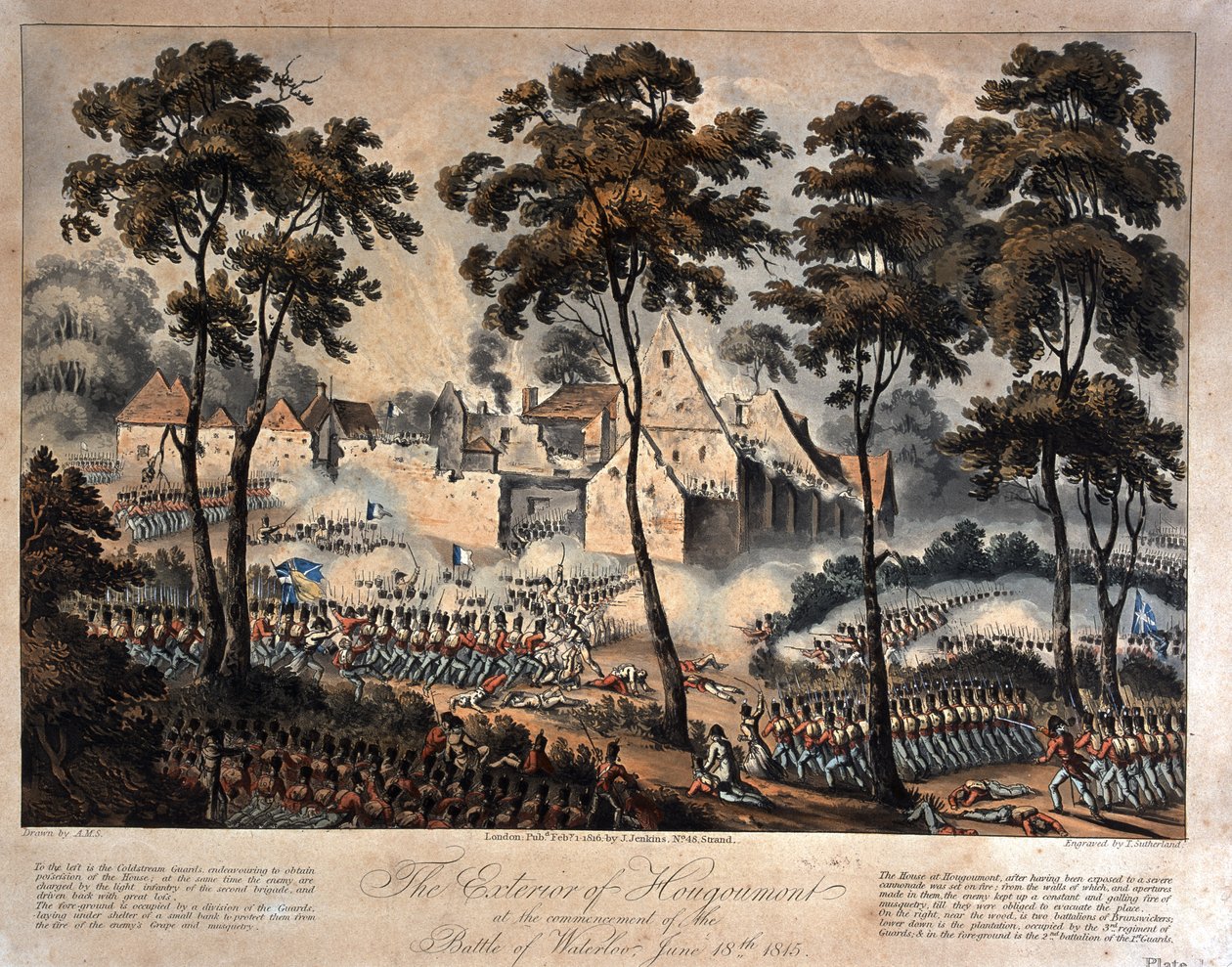 The Exterior of Hougoumont at the Commencement of the Battle of Waterloo, 18th June 1815, engraved by T. Sutherland, published 1816 by English School