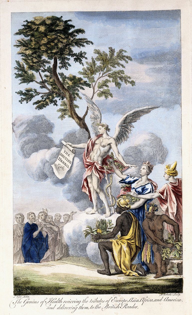 The Genius of Health receiving Europe, Asia, Africa and America and delivering them to the British Reader, 1756-1757 by English School