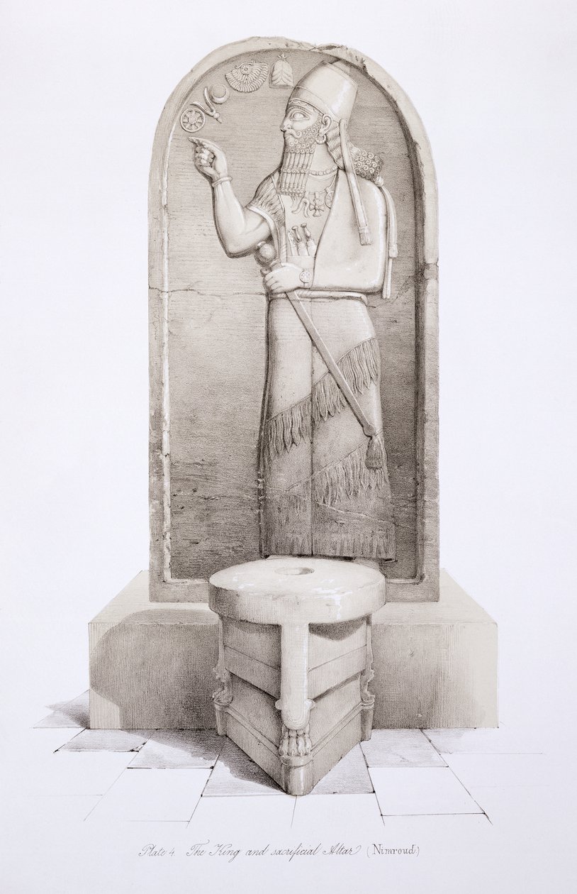 The King and Sacrificial Altar, Nimrud (plate 4) from Nineveh and its Remains by Austen Henry Layard published 1849 by English School