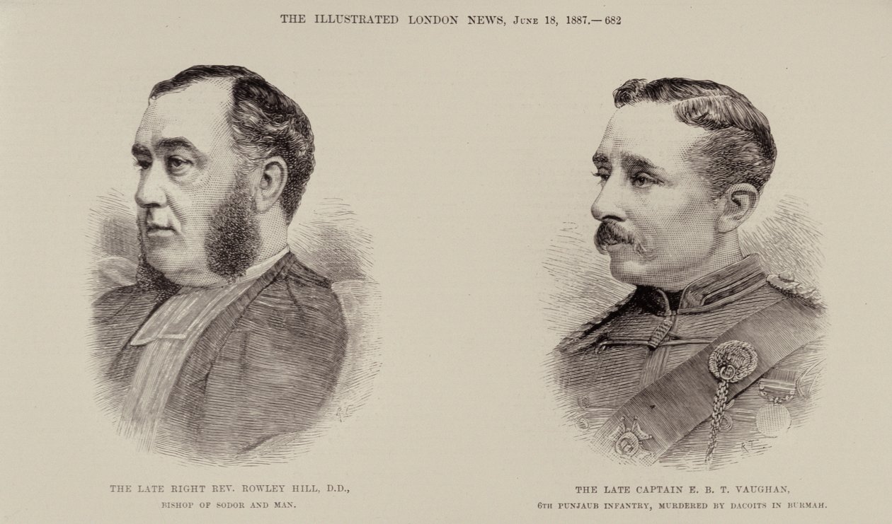 The Late Right Rev. Rowley Hill, Bishop of Sodor and Man and the Late Captain E. B. T. Vaughan, 6th Punjaub Infantry, Murdered by Dacoits in Burmah, from The Illustrated London News, 18th June 1887 by English School