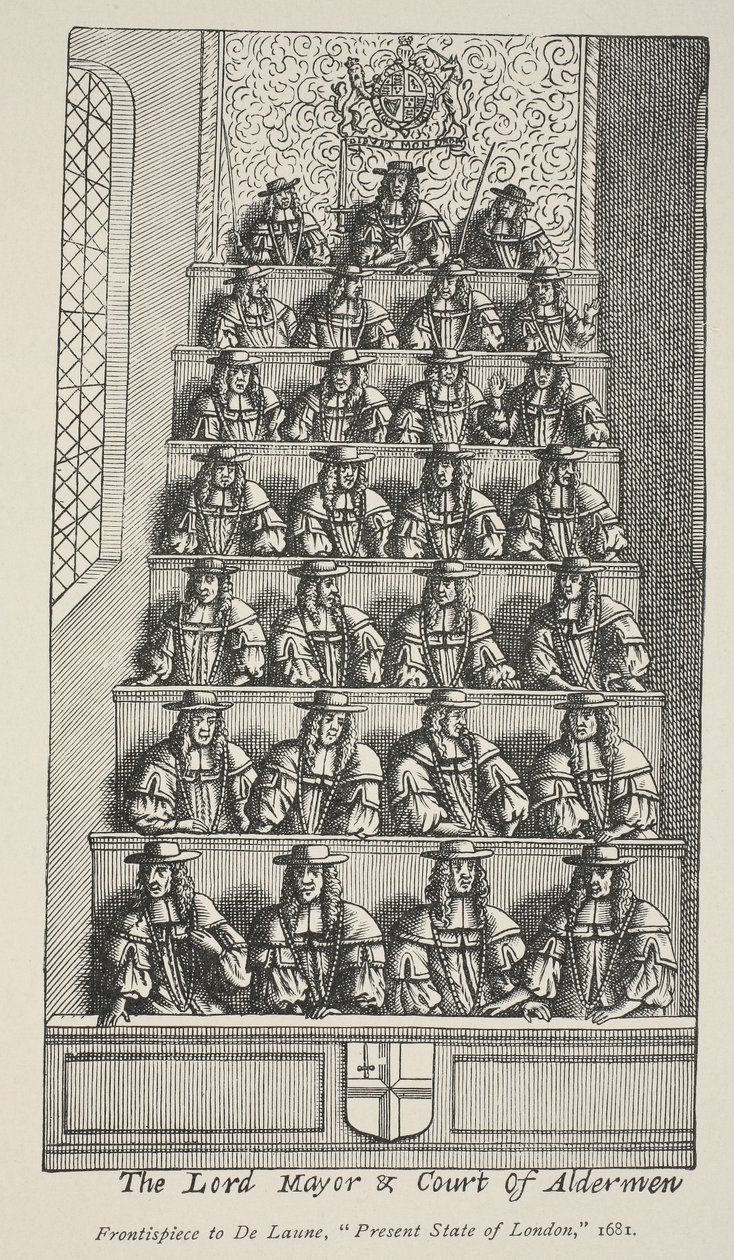 The Lord Mayor and Court Of Aldermen, frontispiece from De Launes Angliae Metropolis, 1681 by English School