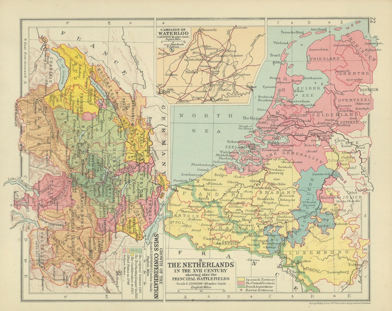 The Netherlands in the XVII Century showing also the Principal Battlefields by English School