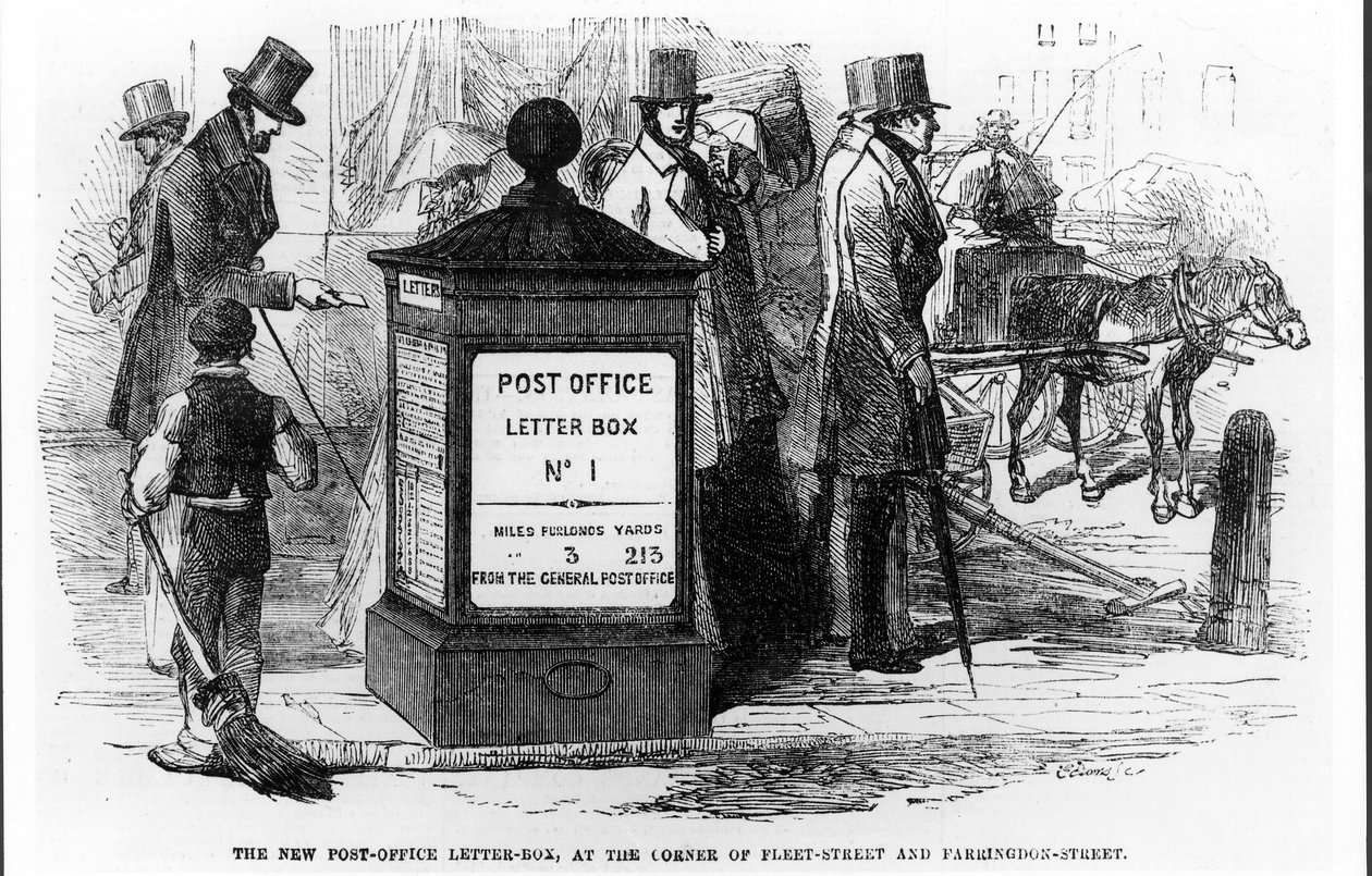 The New Post-Office Letter-Box, at the Corner of Fleet Street and Farringdon Street, from The Illustrated London News, 24th March 1855 by English School