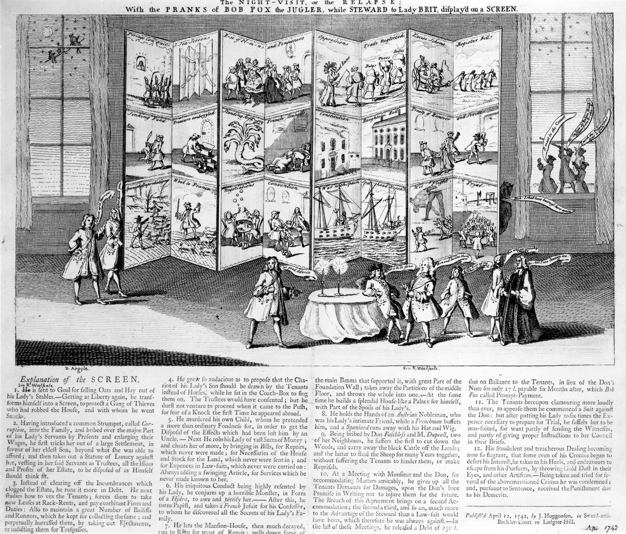 The Night Visit or the Relapse: with the Pranks of Bob Fox the Juggler while Steward to Lady Britannia, displayed on a screen, 1742 by English School