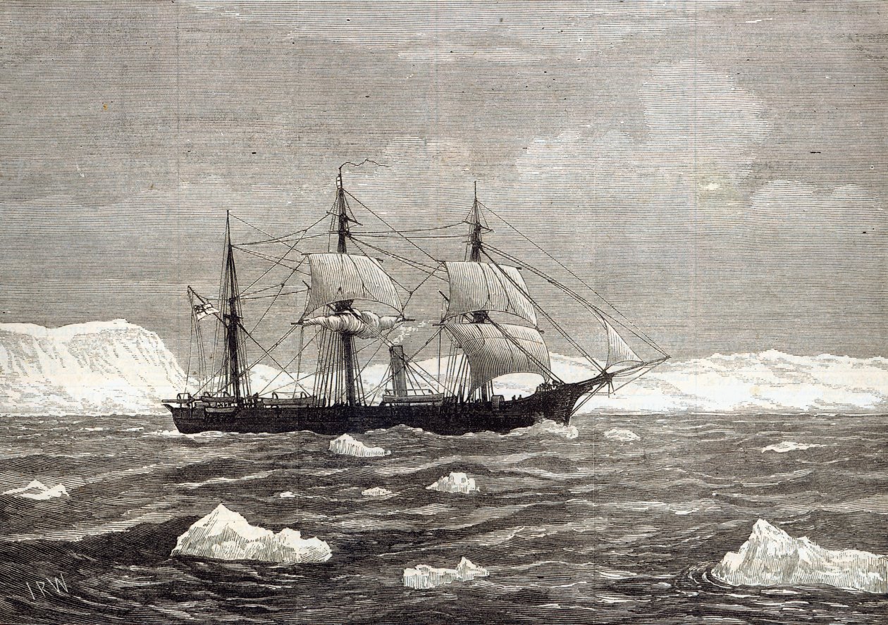 The North Pole Expedition: The Alert hoisting colours in honour of having attained the highest latitude of any ship on record, from 