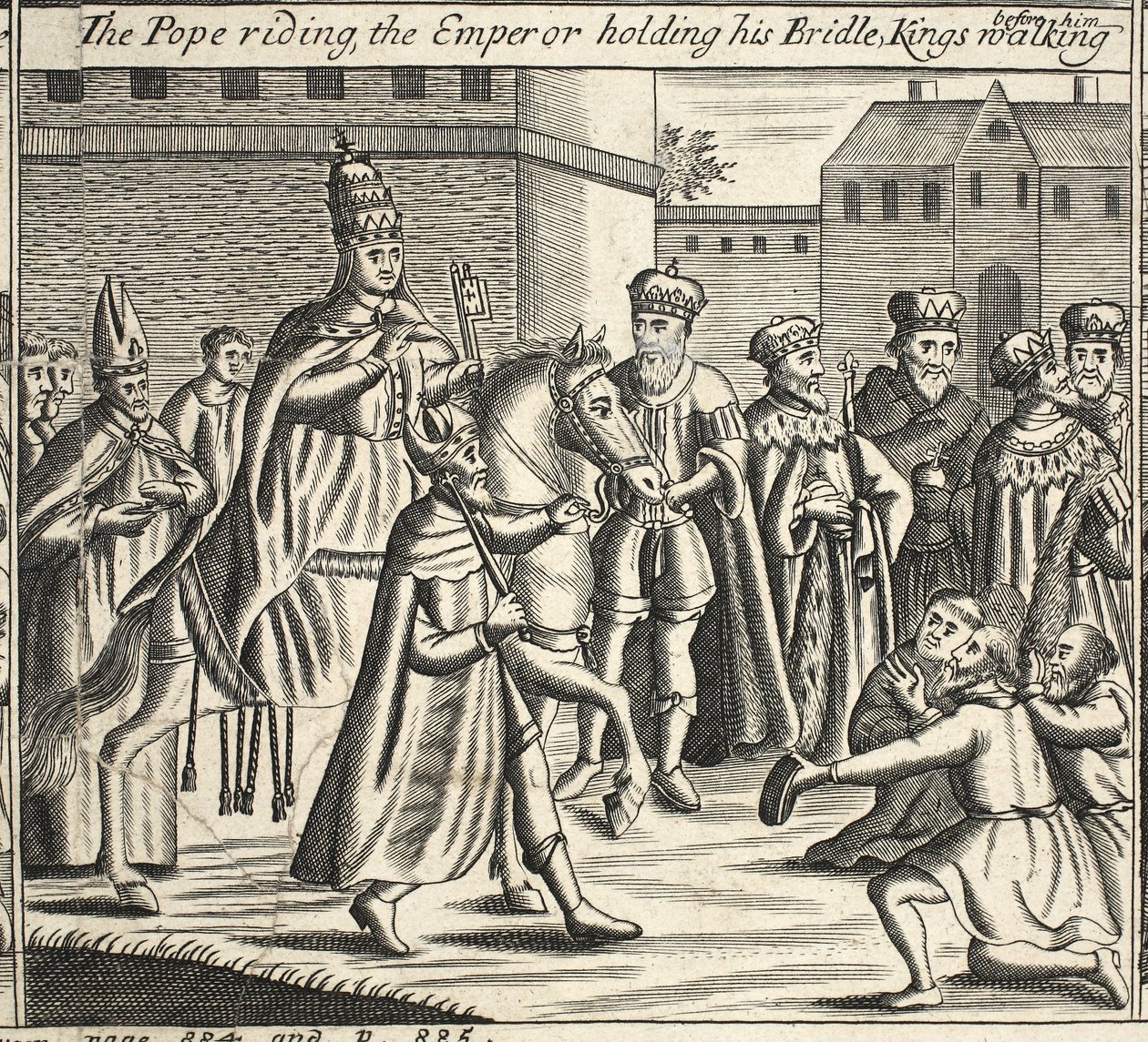 The Pope riding, the Emperor holding his bridle, Kings walking before him, illustration from Acts and Monuments by John Foxe, ninth edition, pub. 1684 by English School