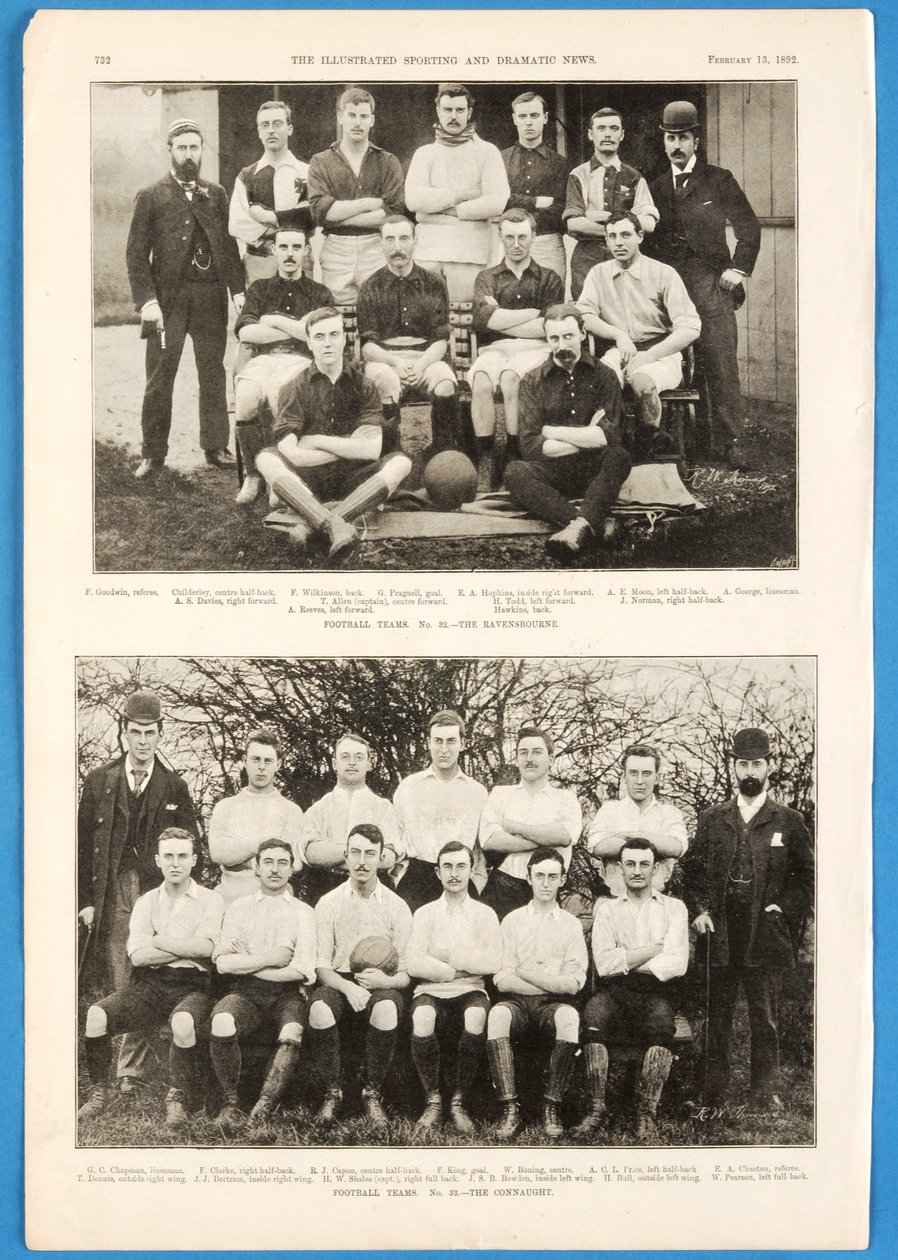 The Ravensbourne and The Connaught, football teams featured in The Illustrated Sporting and Dramatic News, 13th February 1892 by English School