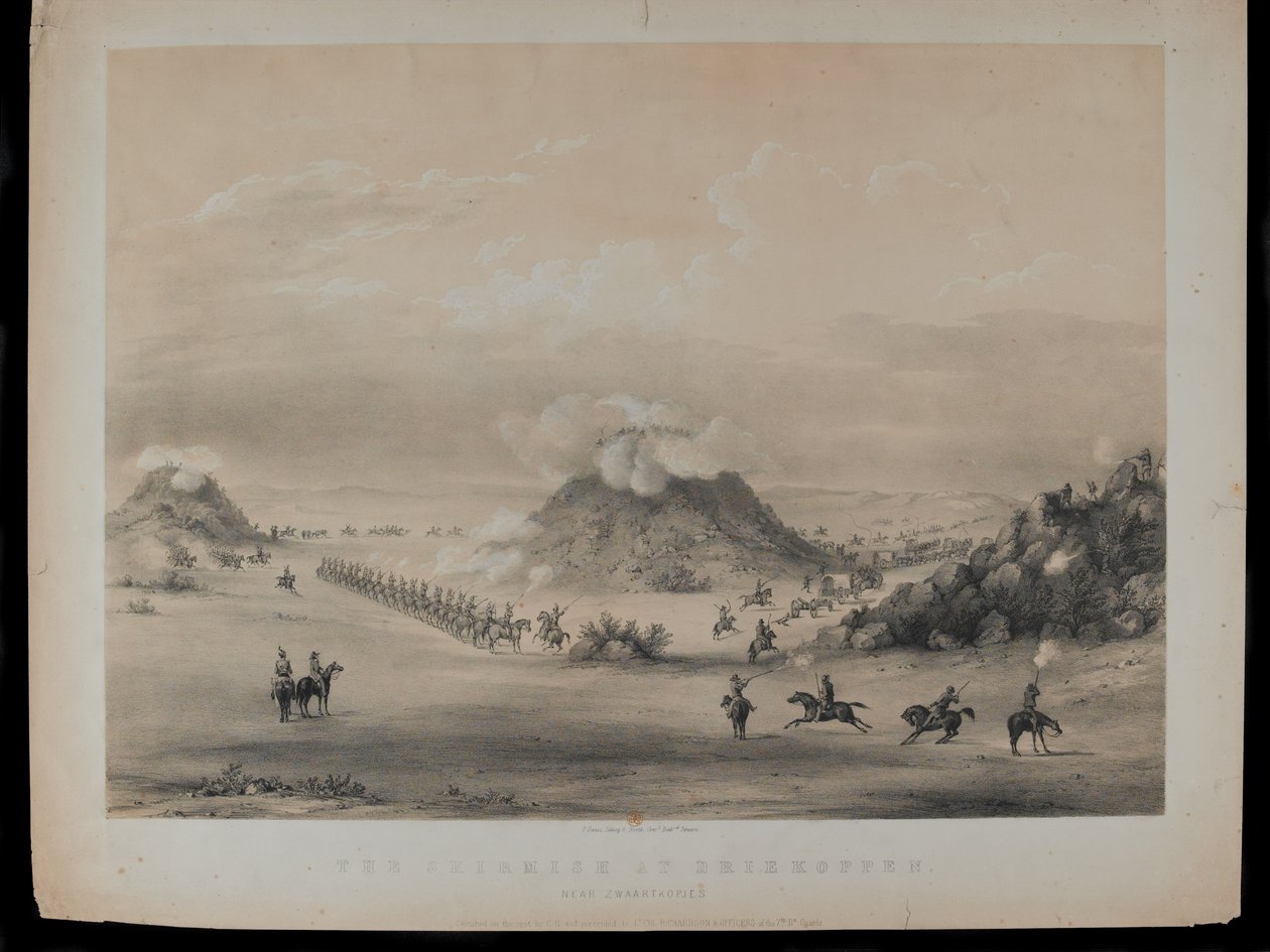 The Skirmish at Driekoppen, near Zwaartkopjes, 1845, engraved by Paul Gauci (1834-66), published in c.1845 by English School