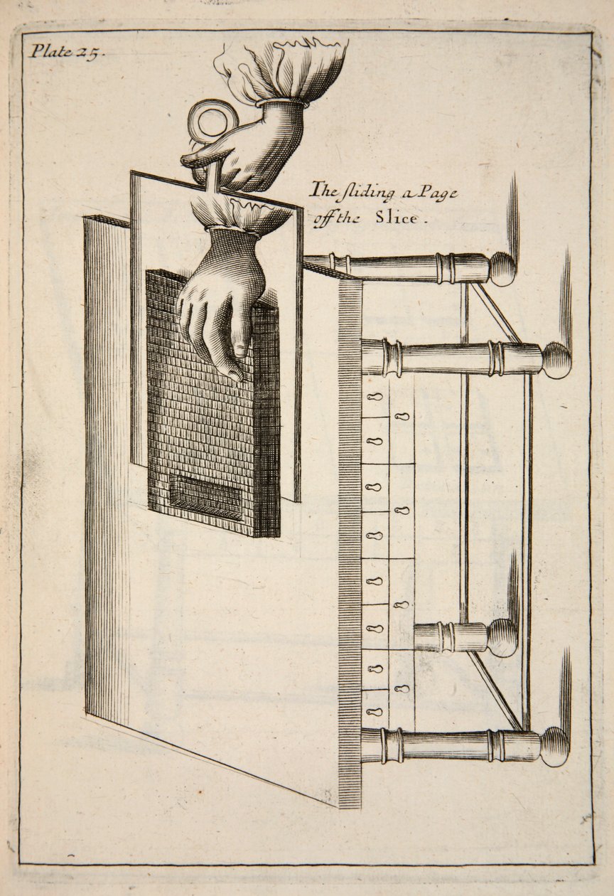 The Sliding a Page off the Slice, pub. 1683 engraving by English School