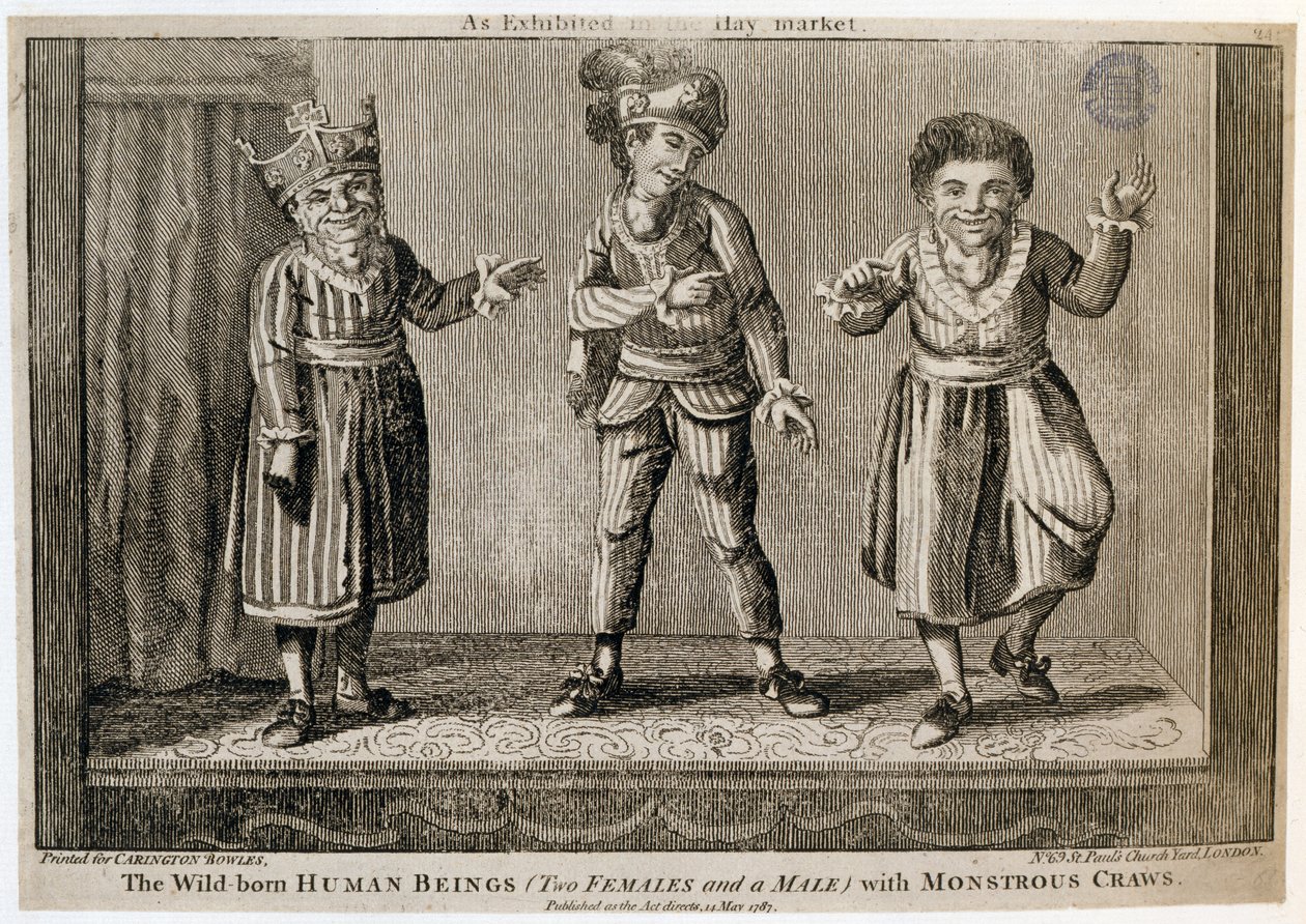 The Wild-Born Human Beings (Two Females and a Male) with Monstrous Craws, as Exhibited at the Haymarket, printed for Carington Bowles, 1787 by English School