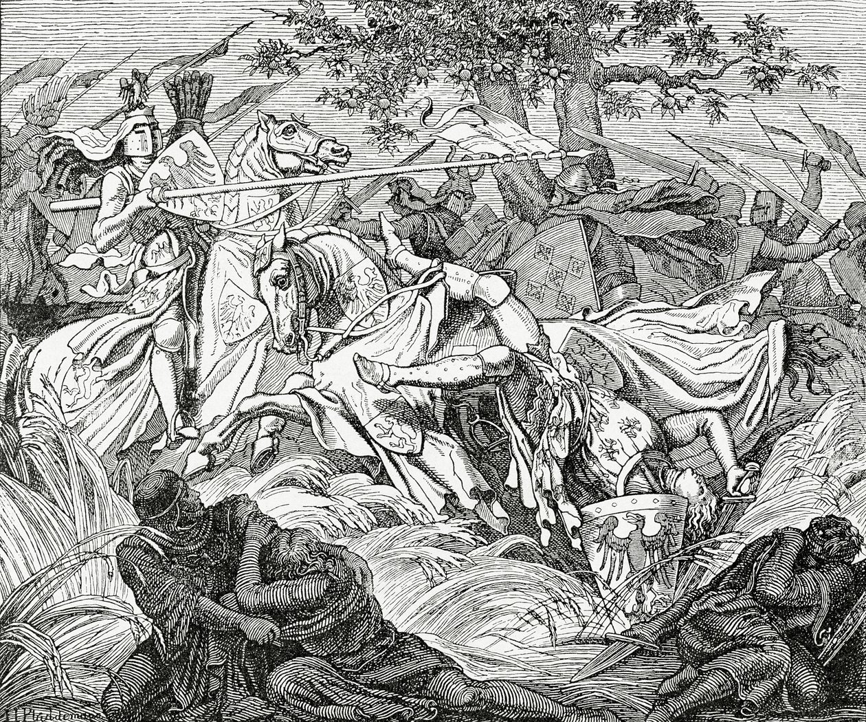 The death of Manfred at the Battle of Benevento, 26 February 1266, 1882 by English School