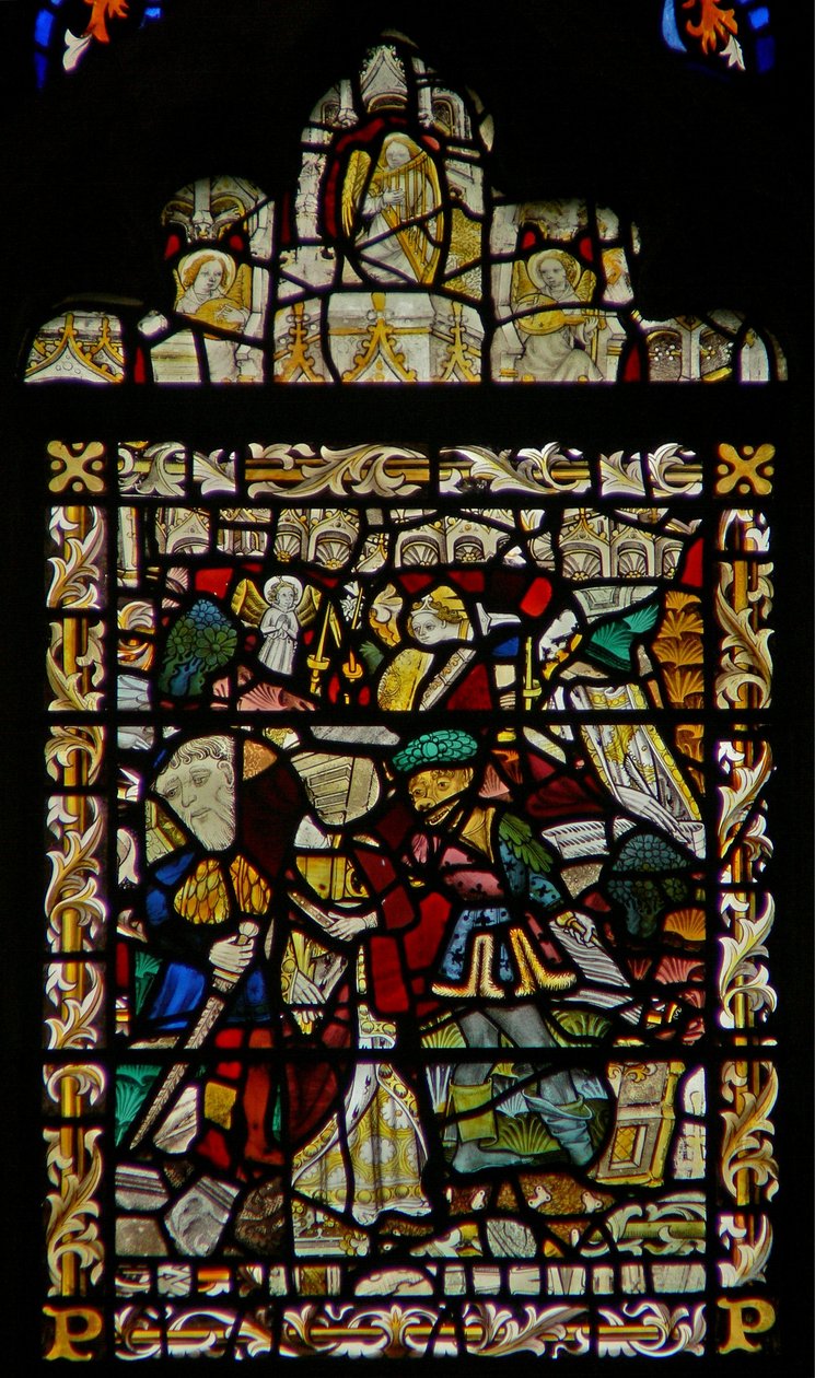 The east window depicting St John on Patmos; angel musicians in the canopy by English School
