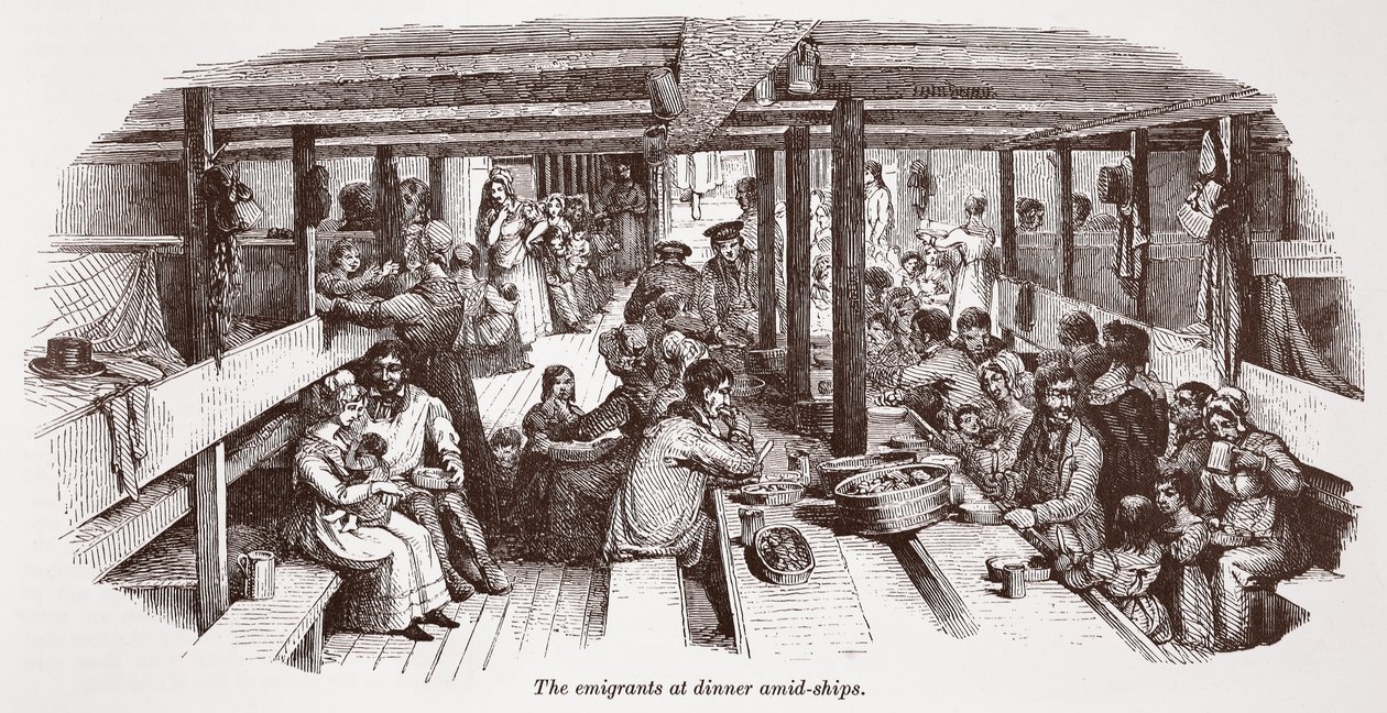 The emigrants at dinner amidships by English School