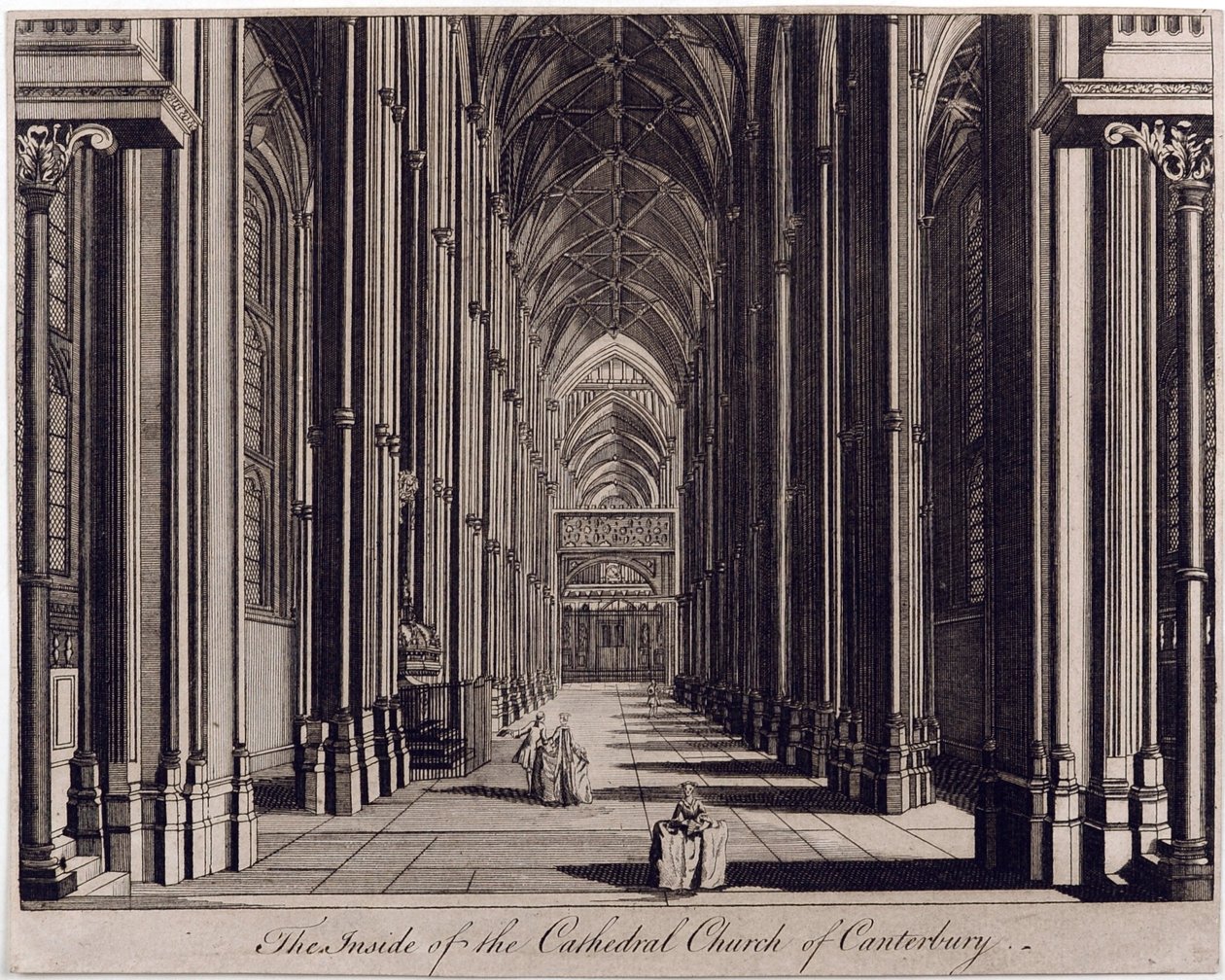 The inside of the Cathedral Church of Canterbury, featuring view of nave, from west end, c.1700-43 by English School