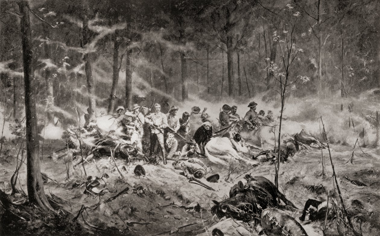 The last stand of Major Allan Wilson on the Shangani River, Matabeleland, during the First Matabele War in 1893, after the painting by Allan Stewart, from 