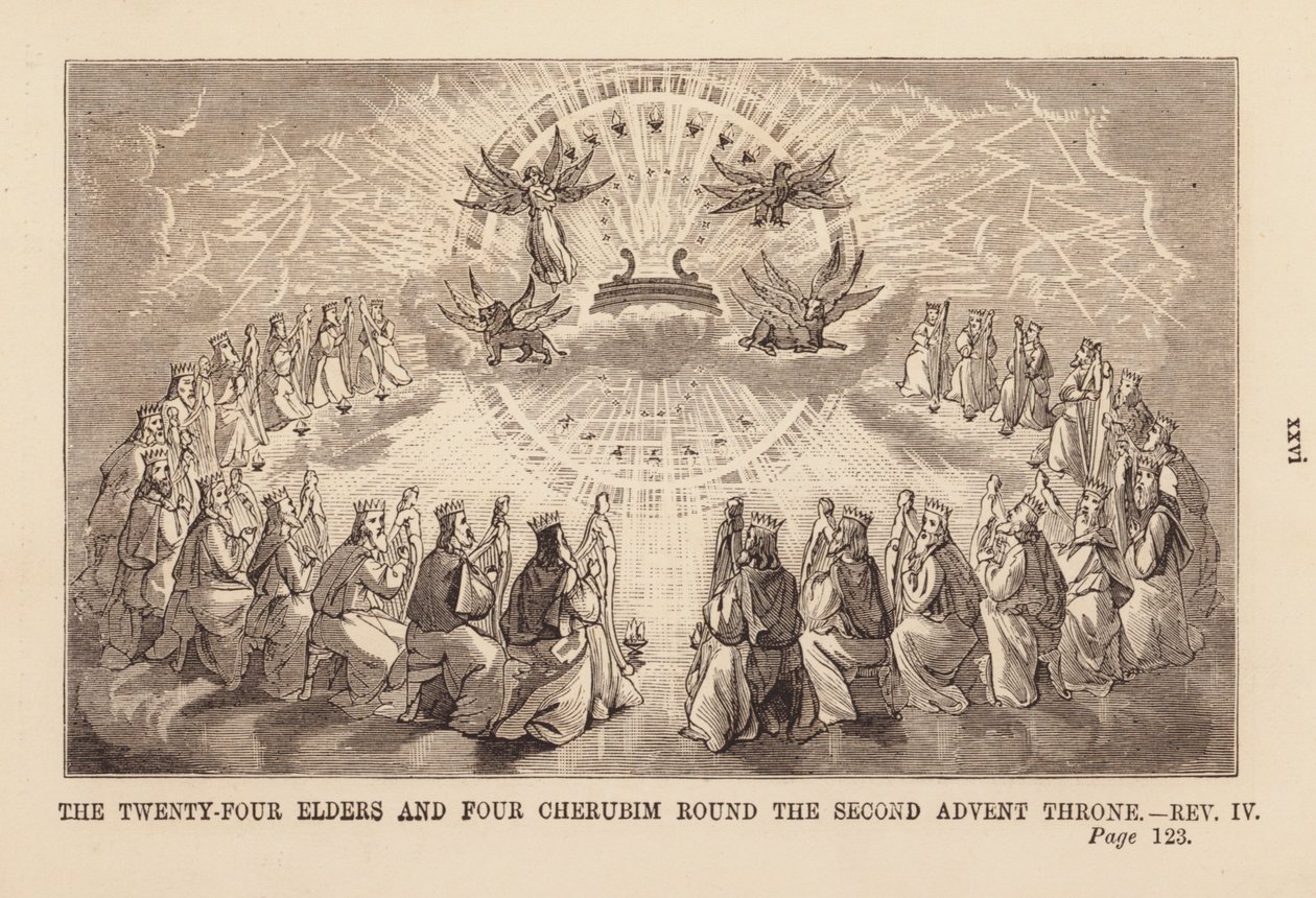 The twenty-four elders and four creatures around the throne in Heaven by English School