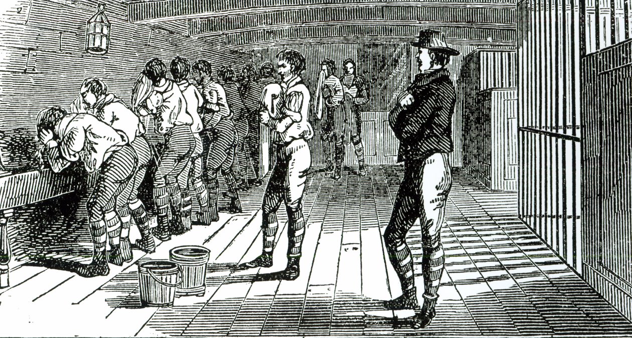 The washing room below decks - condemned trade unionists being transported to Australia, illustrated in The Martyrs of Tolpuddle, published by Trades Union Congress, 1834 by English School