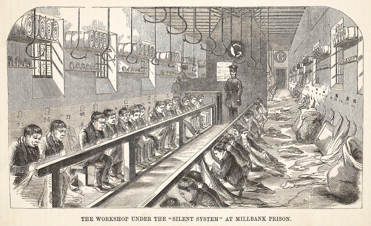 The workshop under the Silent System at Millbank Prison, illustration from The Criminal Prisons of London and Scenes from Prison Life by Henry Mayhew and John Binny, pub. 1862 by English School