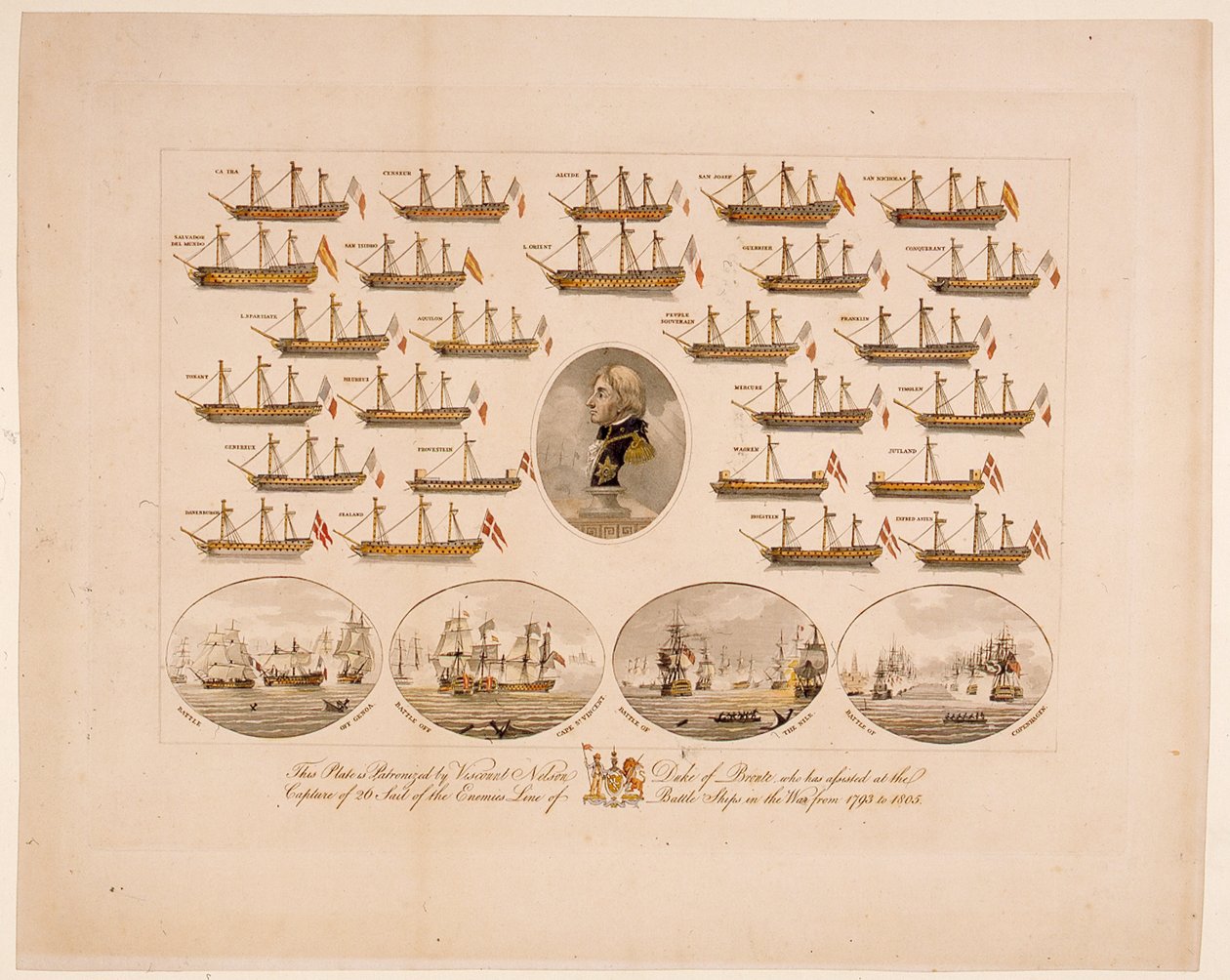 This Plate is Patronized by Viscount Nelson Duke of Bronte who has Assisted at the Capture of 26 Sail of the Enemies Line of Battle Ships in the War from 1793 to 1805 by English School
