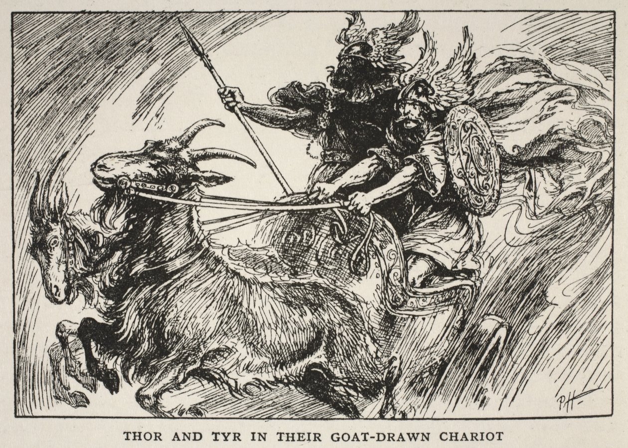 Thor and Tyr in Their Goat-Drawn Chariot by English School