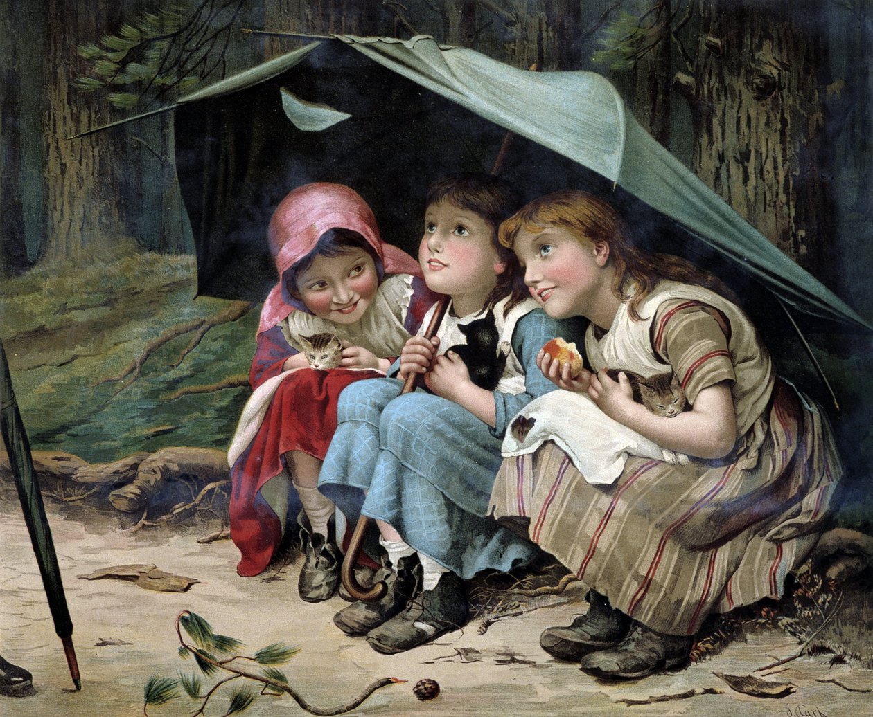 Three Little Kittens (Girls and Kittens Squeezing Under an Umbrella) - English Chromolithography by English School