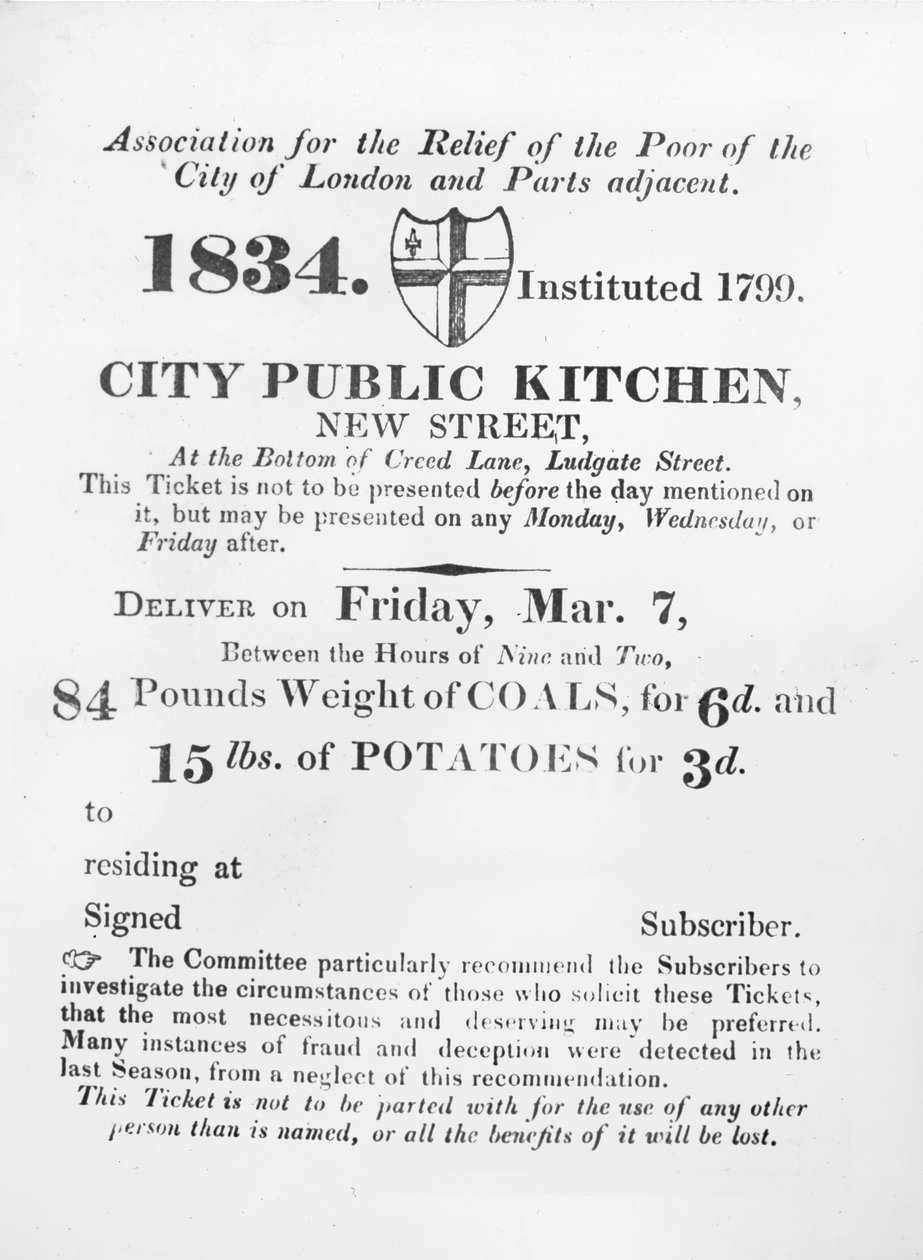 Ticket issued to the poor to receive coal and potatoes from the City public Kitchen, New Street, London, 1834 by English School