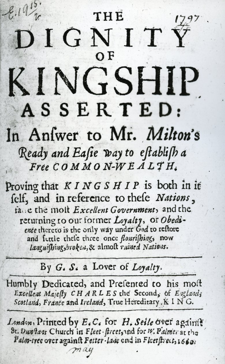 Title Page for The Dignity of Kingship Asserted by G.S. a Lover of Loyalty, published 1660 by English School