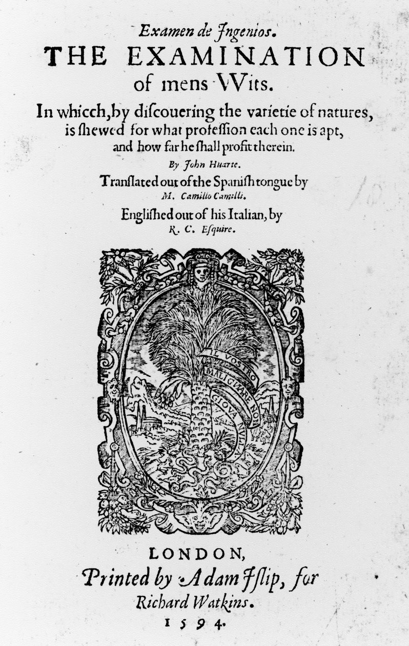 Title Page for The Examination of mens Wits by Juan Huarte, published 1594 by English School